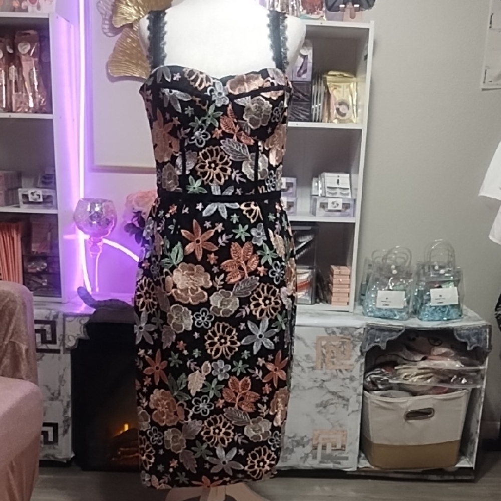 Bronx and Banco Black Floral Embroidered Midi Dress with Multicolor Blooms